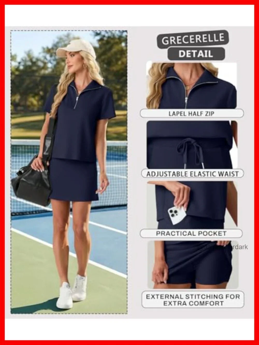 Women's 2 Piece Skort Set Half Zip Short Sleeve Top & Pocketed Tennis Skirt